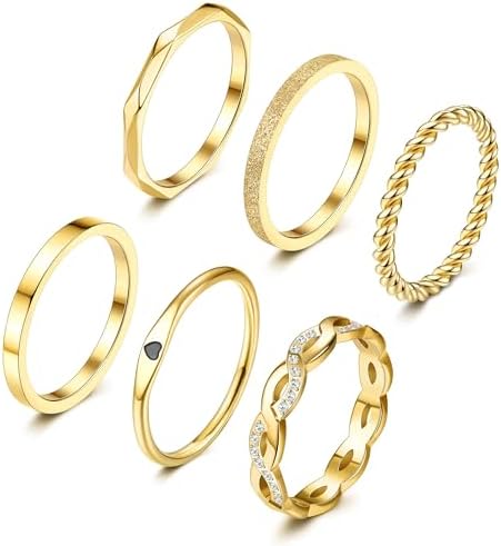 JeryWe 6 Pcs Stainless Steel Rings for Women Set Gold\/Silver Knuckle Rings Stackable Simple Carve Heart Wedding Bands Engagement Promise Eternity Bands Thumb Rings for Women