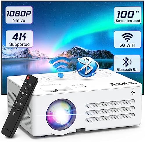 TMY Projector with WiFi and Bluetooth100" screen includedNative 1080P Outdoor Projector, 4K Supported Portable Projector, Compatible with iOS\/Android\/PC\/TV Stick\/HDMI\/USB, Indoor Outdoor Use