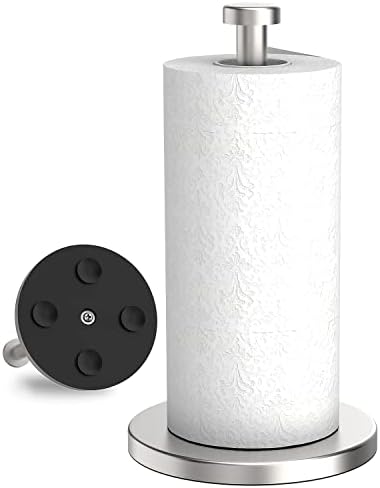 VEHHE Paper Towel Holder Countertop, Stainless Steel Paper Towel Holder Stand with Weighted Base Suction Cups, Standing Paper Towel Roll Holder for Kitchen Bathroom (Silver)