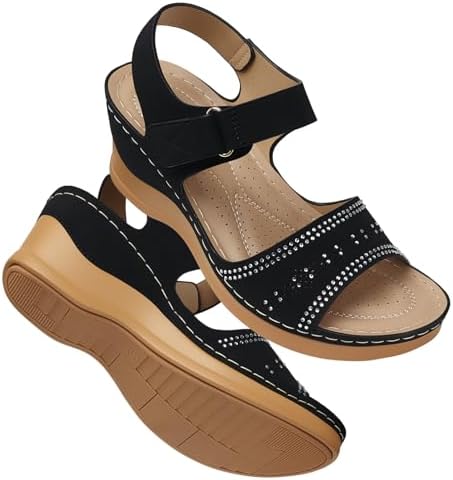 SHIBEVER Wedge Sandals For Women Low: Dressy Summer Sandal - Comfortable Rhinestone Sandals
