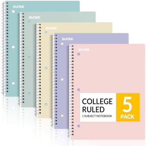 SUNEE Spiral Notebooks, 1-Subject, 5 Pack, College Ruled Paper, 8" x 10-1\/2", 70 Sheets per Notebook,3-Hole Punched Paper, Pink,Purple, Blue, Green, Yellow Spiral Lined Notebooks for School,W
