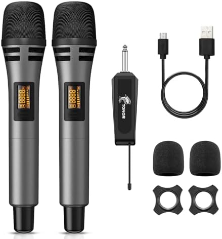 TONOR Wireless Microphones, UHF Dual Karaoke Microphone System, Microfonos Inalambricos with Rechargeable Receiver, Cordless Dynamic Mic Micro Set for Singing, Wedding, DJ, Party, Speech TW320 Grey