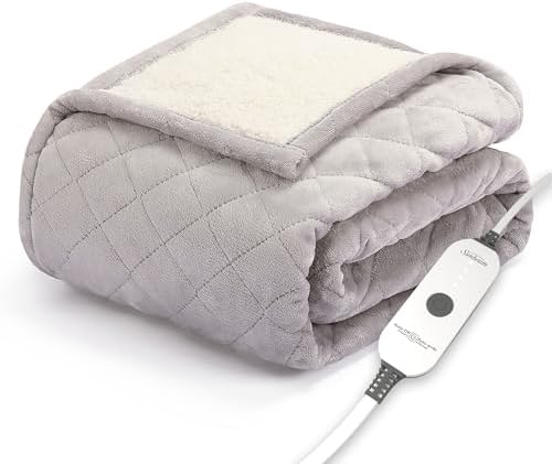 Sunbeam Quilted Royal Posh Velvet Reverse Sherpa Heated Throw Electric Blanket, 50&#34; x 60&#34;, 4 Heat Settings, 4-Hour Auto Shut-Off, Warming Cozy Throw for Couch, Sofa or Bed, Machine Washable, D