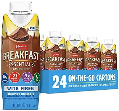 Carnation Breakfast Essentials Ready to Drink with Fiber, Rich Milk Chocolate, 8 FL OZ Carton (Pack of 24)