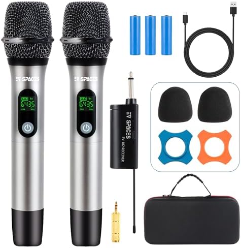 Rechargeable Wireless Microphone System - Dual UHF Metal Handheld Mics for Karaoke, Weddings, Parties, Speeches - Long Range (200ft), Cordless Dynamic Mic Kit, Plug and Play (Dual Microphone Set)