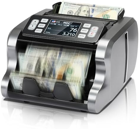 MUNBYN IMC09 Mixed Denomination Money Counter Machine, Value Counting, UV\/MG\/IR\/MT Bill Counter, 3.5" TFT Display Money Counting Machine Printer Enabled, USD, EUR, MXN Cash Counter for Business