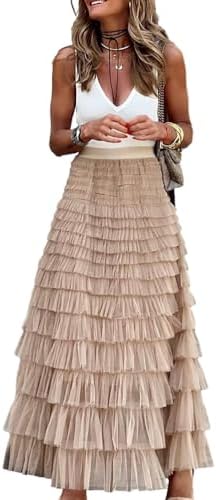 SUNYUESTAR Long Tulle Skirt for Women Trendy High Waisted A Line Fluffy Fairy Mesh Layered Ruffle Skirt