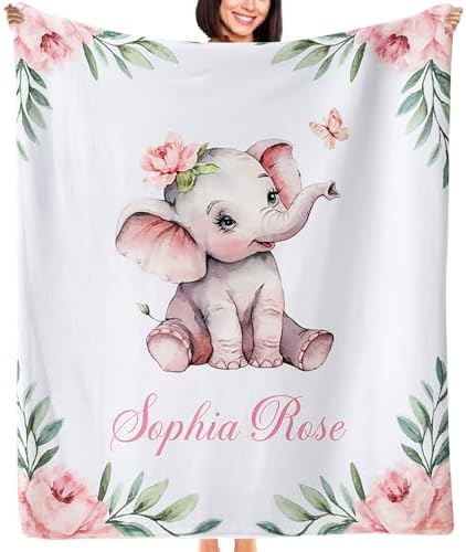 NAZENTI Personalized Elephant Floral Baby Blanket, Custom Baby Girl Gift, 60&#34;x80&#34; Pink Cotton Blend, Machine Washable, Perfect for Baby Shower, Newborn, Birthday