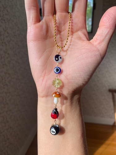 Agromusk Evil Eye Car Hanging Ornament,Good Lucky Days Car Charm,8 Ball Mushroom Four-Leaf Clover Pendant for Car Rear View Mirror,Cute Boho Evil Eye Ladybug Yin Yang Symbol Car Decor Accessories