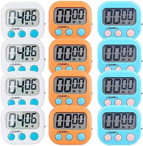 12 Pack Small Digital Kitchen Timer Magnetic Back and ON\/Off Switch,Minute Second Count Up Countdown（White,Blue,Orange