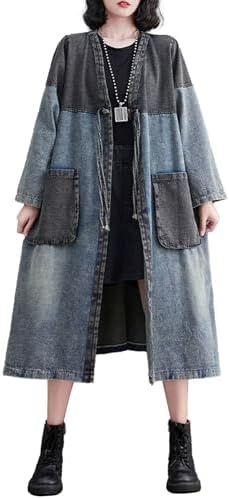 Women Jacket Coat Fashion Midi Long Jean Jacket Plus Size Loose Long Sleeve Denim Trench